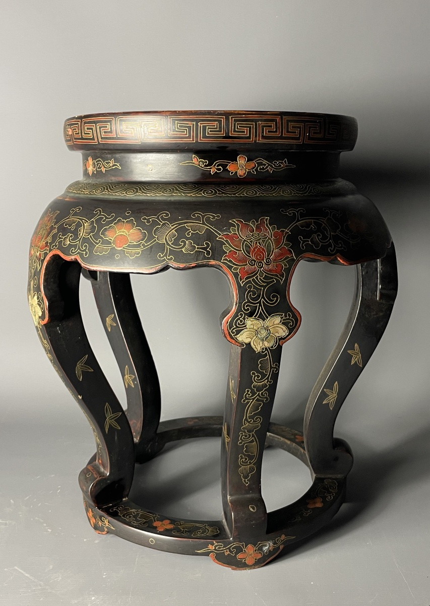 Chinese Lacquered Stool, Cloisonné Shelf, 19th Century.-photo-2