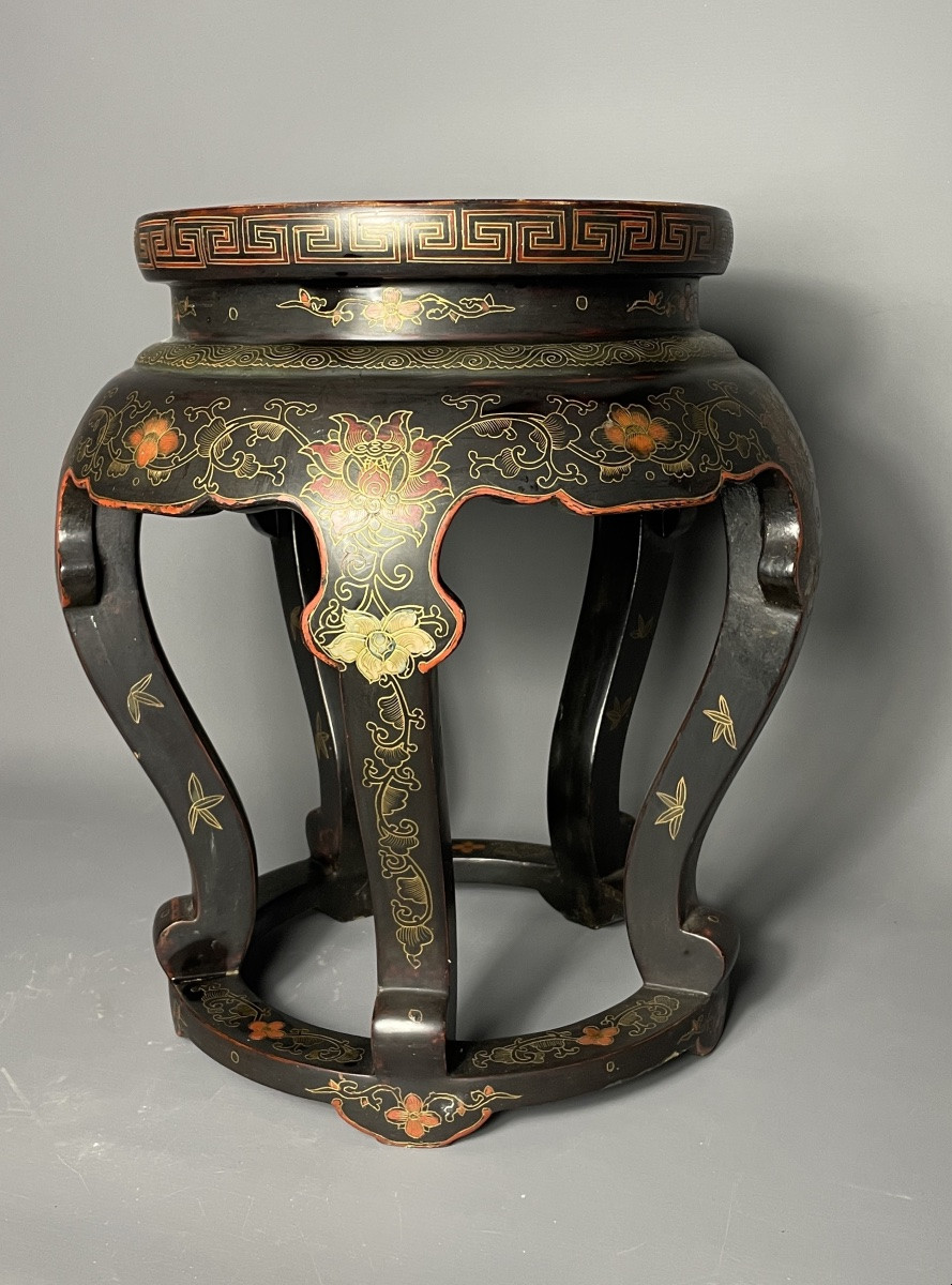 Chinese Lacquered Stool, Cloisonné Shelf, 19th Century.-photo-4