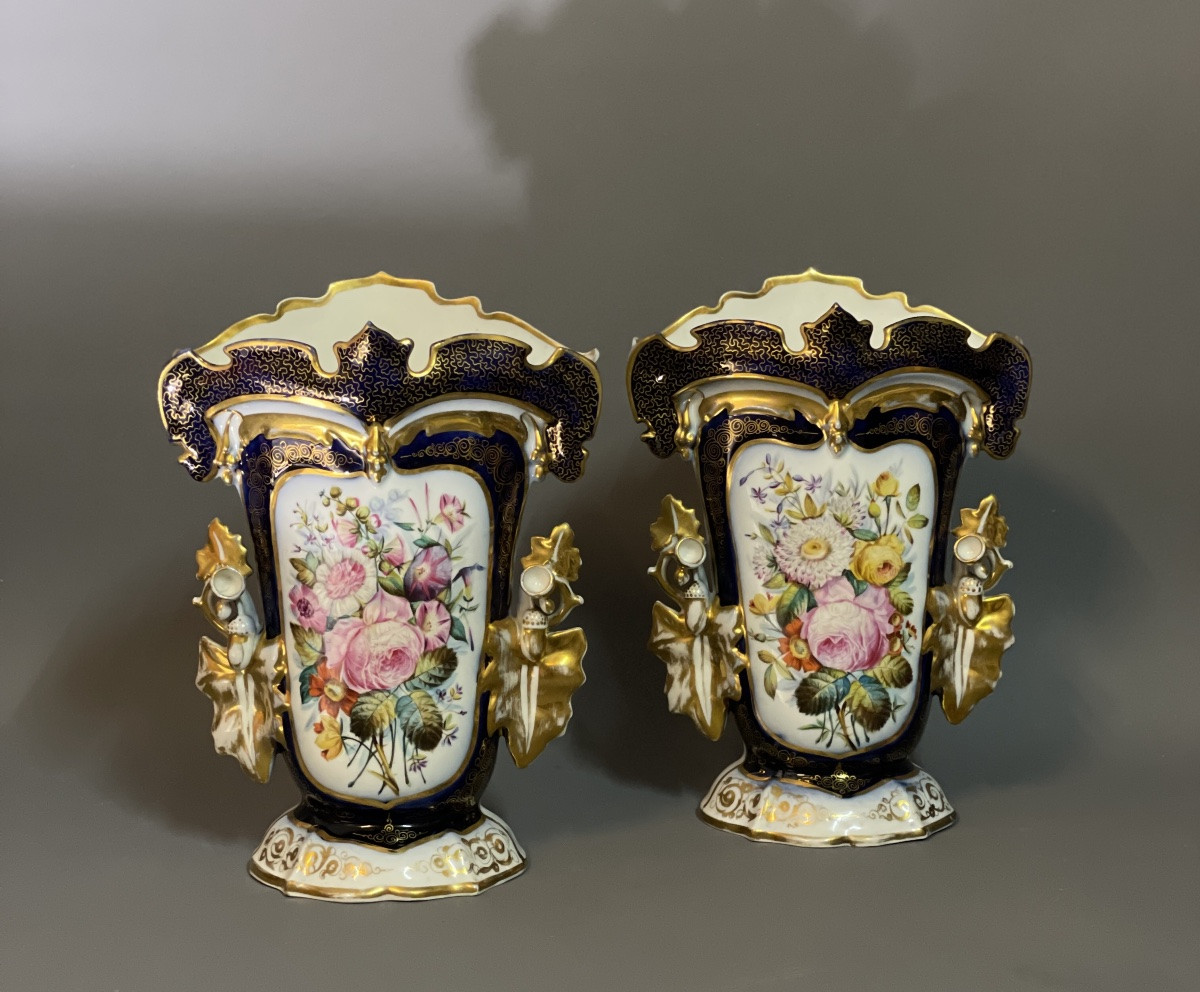 Paire de vase en porcelaine Vieux Paris polychrome XIX siècle -photo-3