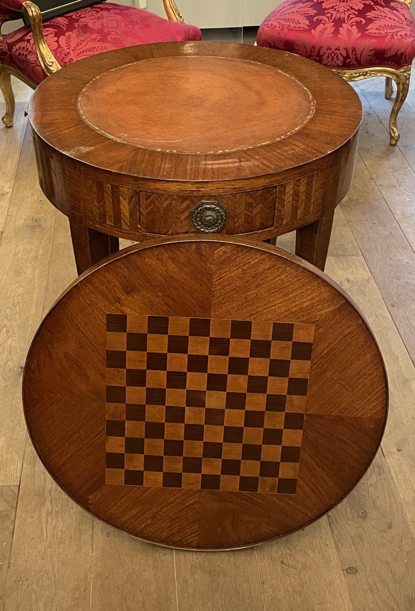 Table bouillotte  Louis XVI, en bois précieux réversible et transformable-photo-3