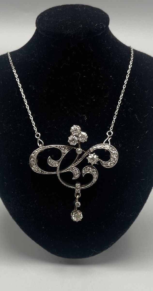 Art Nouveau Pendant In Gold, Silver And Diamonds-photo-2