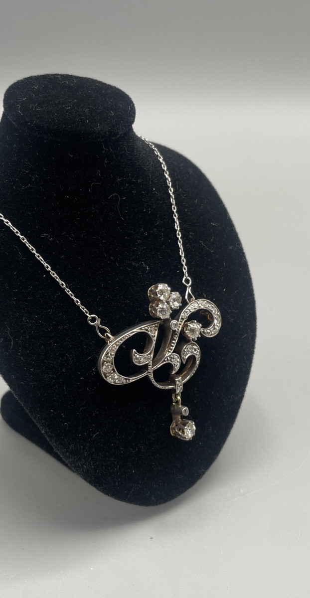 Art Nouveau Pendant In Gold, Silver And Diamonds-photo-3
