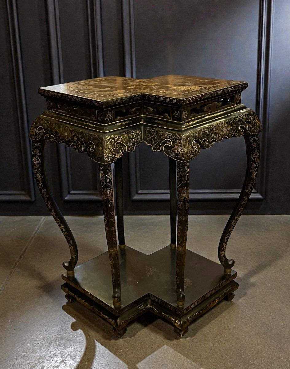 Double piédestal  en laque noire et or, décor chinoiserie, Chine fin XIXᵉ siècle-photo-6