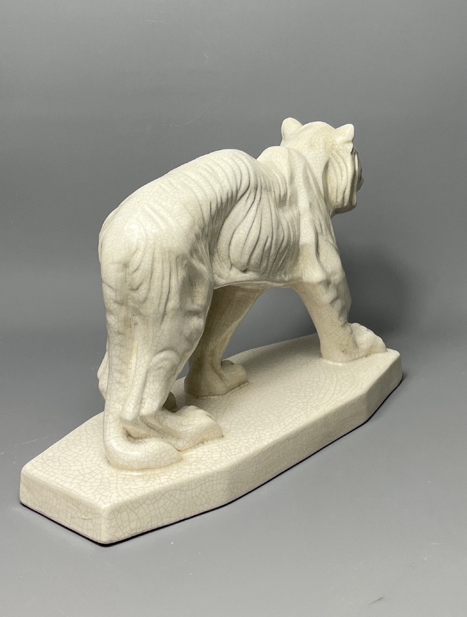 Tigre marchant en céramique craquelée, sculpture animalière Art Déco, vers 1930.-photo-3
