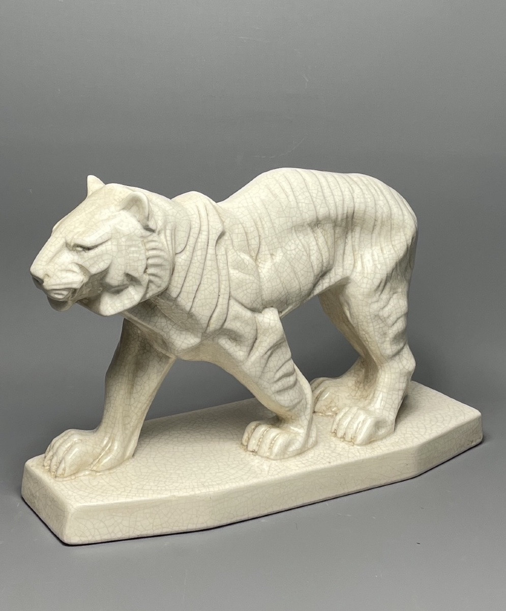 Tigre marchant en céramique craquelée, sculpture animalière Art Déco, vers 1930.-photo-4