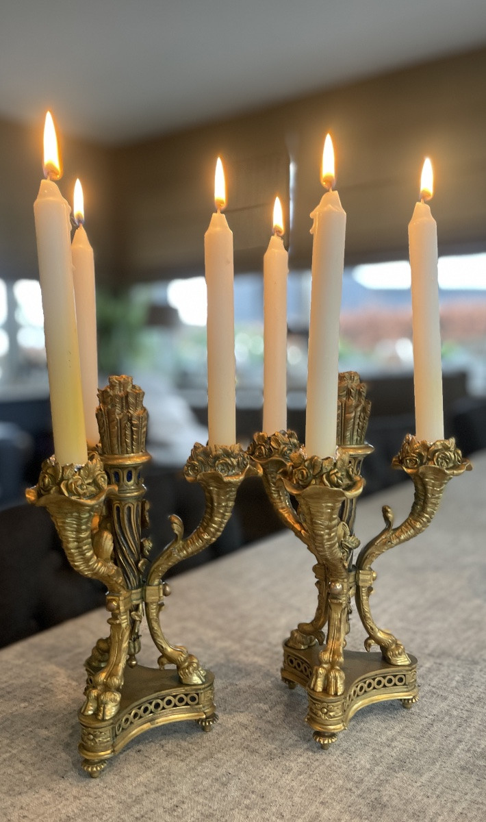 Élégante paire de candélabres en bronze doré à trois bras lumières, de style Louis XVI, datant -photo-5