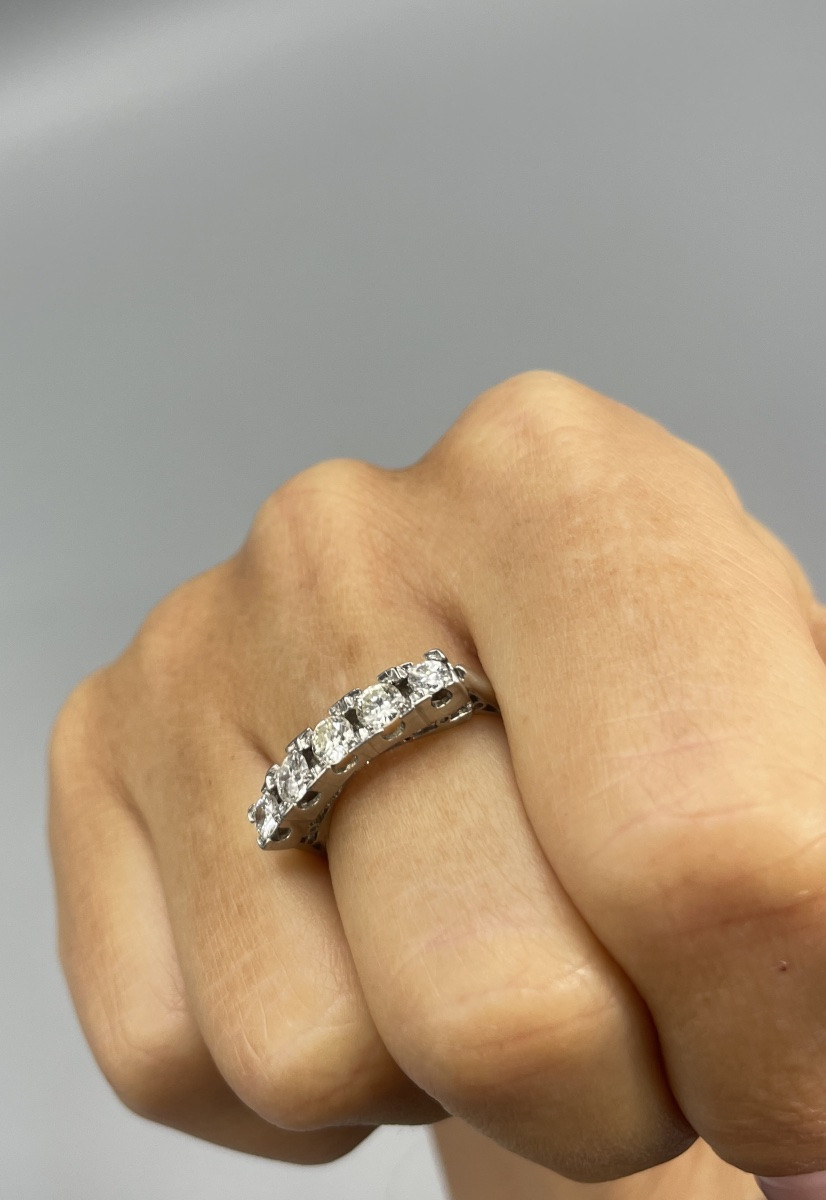 Antique Platinum Ring Set With Five Diamonds, Art Deco Period (circa 1920-1930)-photo-7