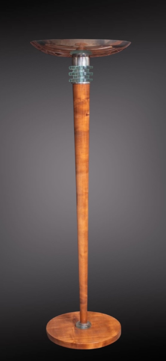 Lampadaire d’époque Art Déco en bois, métal chromé et verre-photo-5