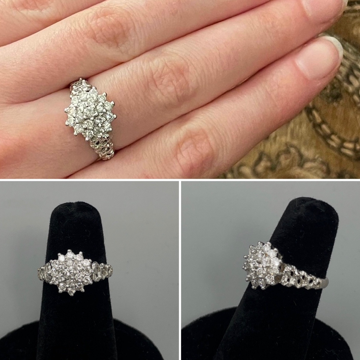 Bague en or blanc 18 carats sertie de diamants, motif floral