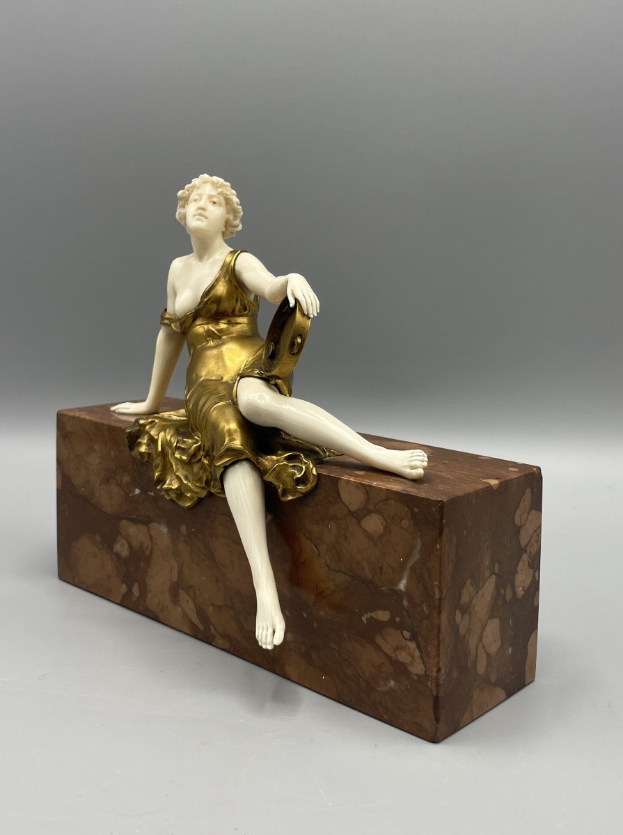 Chryselephantine Young Woman With Tambourine Art Deco Period Ferdinand Preiss-photo-2