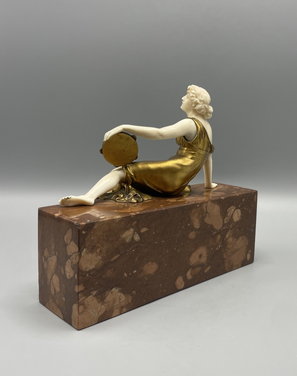 Chryselephantine Young Woman With Tambourine Art Deco Period Ferdinand Preiss-photo-3