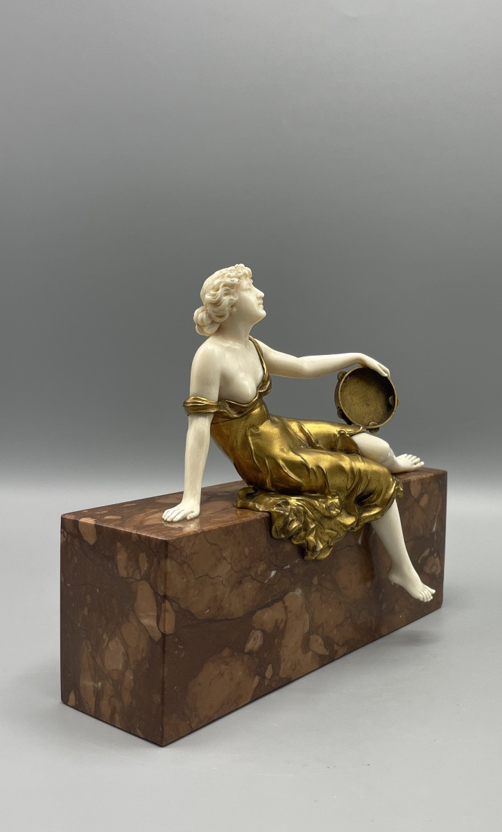 Chryselephantine Young Woman With Tambourine Art Deco Period Ferdinand Preiss-photo-1