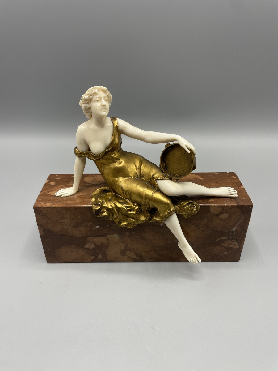 Chryselephantine Young Woman With Tambourine Art Deco Period Ferdinand Preiss-photo-3
