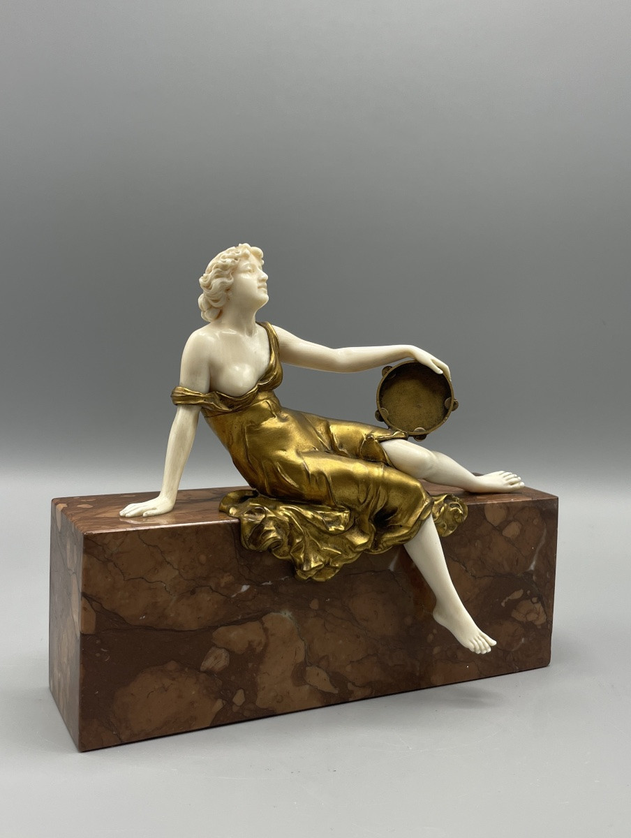 Chryselephantine Young Woman With Tambourine Art Deco Period Ferdinand Preiss-photo-5
