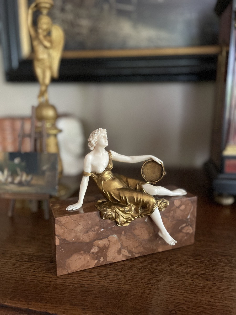 Chryselephantine Young Woman With Tambourine Art Deco Period Ferdinand Preiss-photo-7