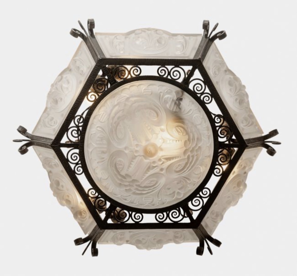 Suspension Art Déco fer forgé et verre moulé, circa 1930-photo-2