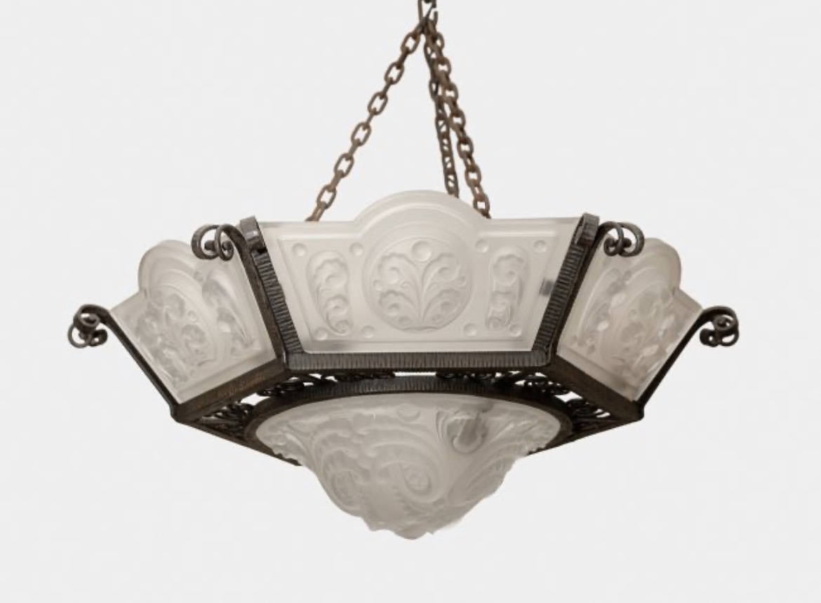 Suspension Art Déco fer forgé et verre moulé, circa 1930-photo-3