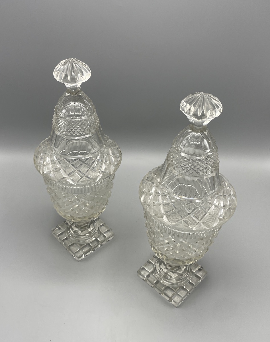 Paire de drageoirs couverts en cristal taillé, France XIXᵉ siècle-photo-2