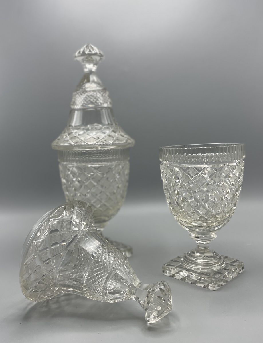 Paire de drageoirs couverts en cristal taillé, France XIXᵉ siècle-photo-4