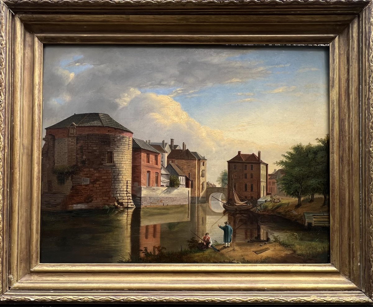 Julien Ducorron (1770–1849) View Of A City Waterfront With A Fortified Tower And Boats