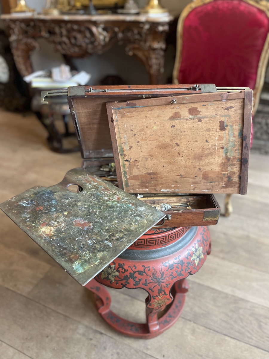Coffret de peintre de voyage en acajou avec chevalet à crémaillère, palette et accessoires – XI-photo-3
