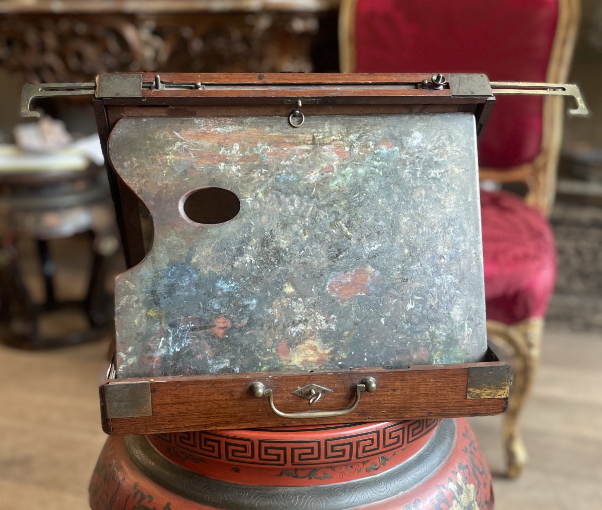 Coffret de peintre de voyage en acajou avec chevalet à crémaillère, palette et accessoires – XI-photo-4