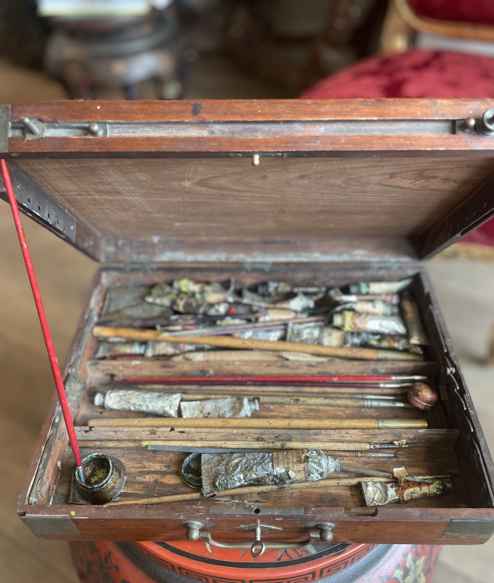 Coffret de peintre de voyage en acajou avec chevalet à crémaillère, palette et accessoires – XI-photo-1