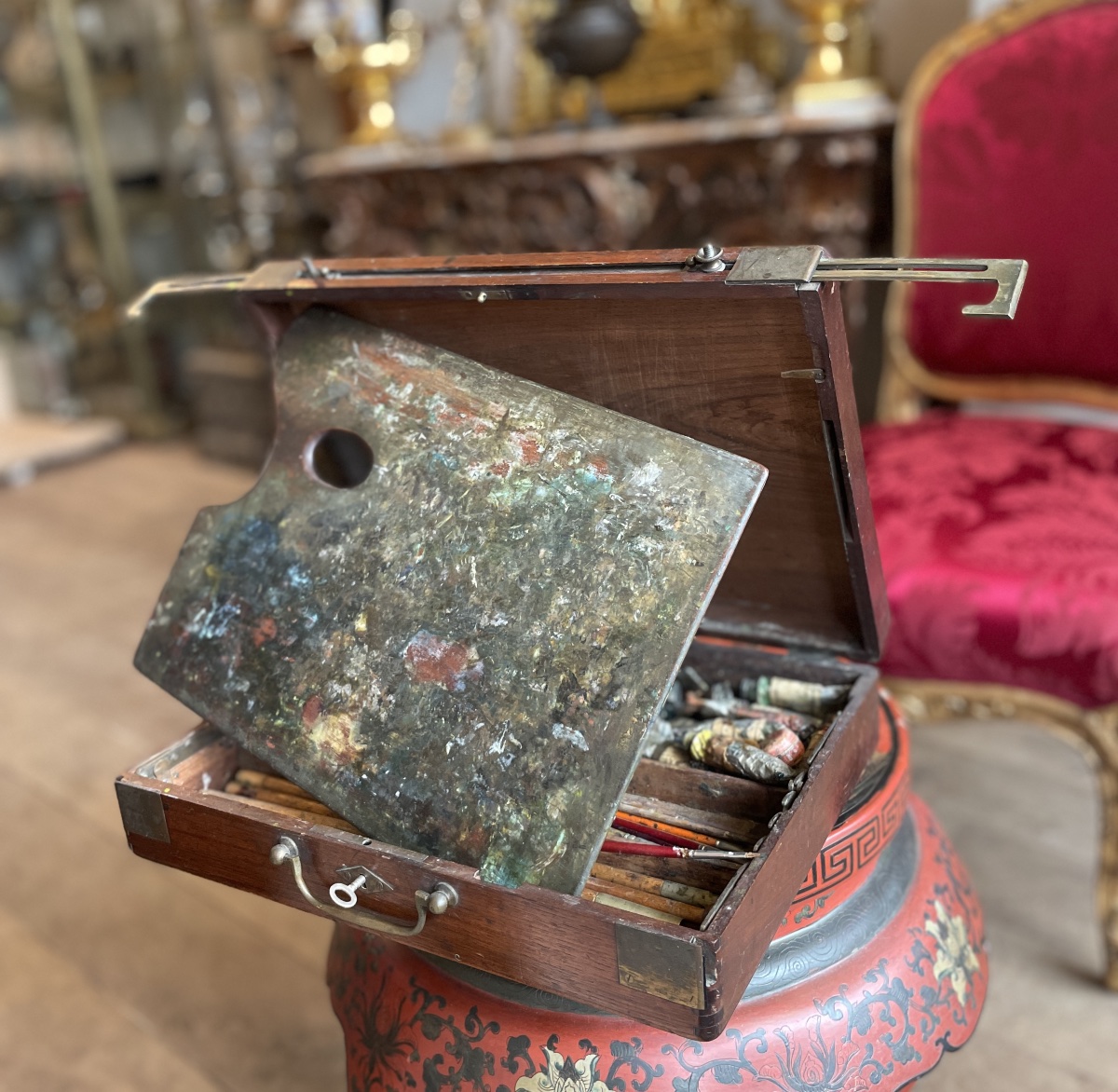 Coffret de peintre de voyage en acajou avec chevalet à crémaillère, palette et accessoires – XI-photo-3