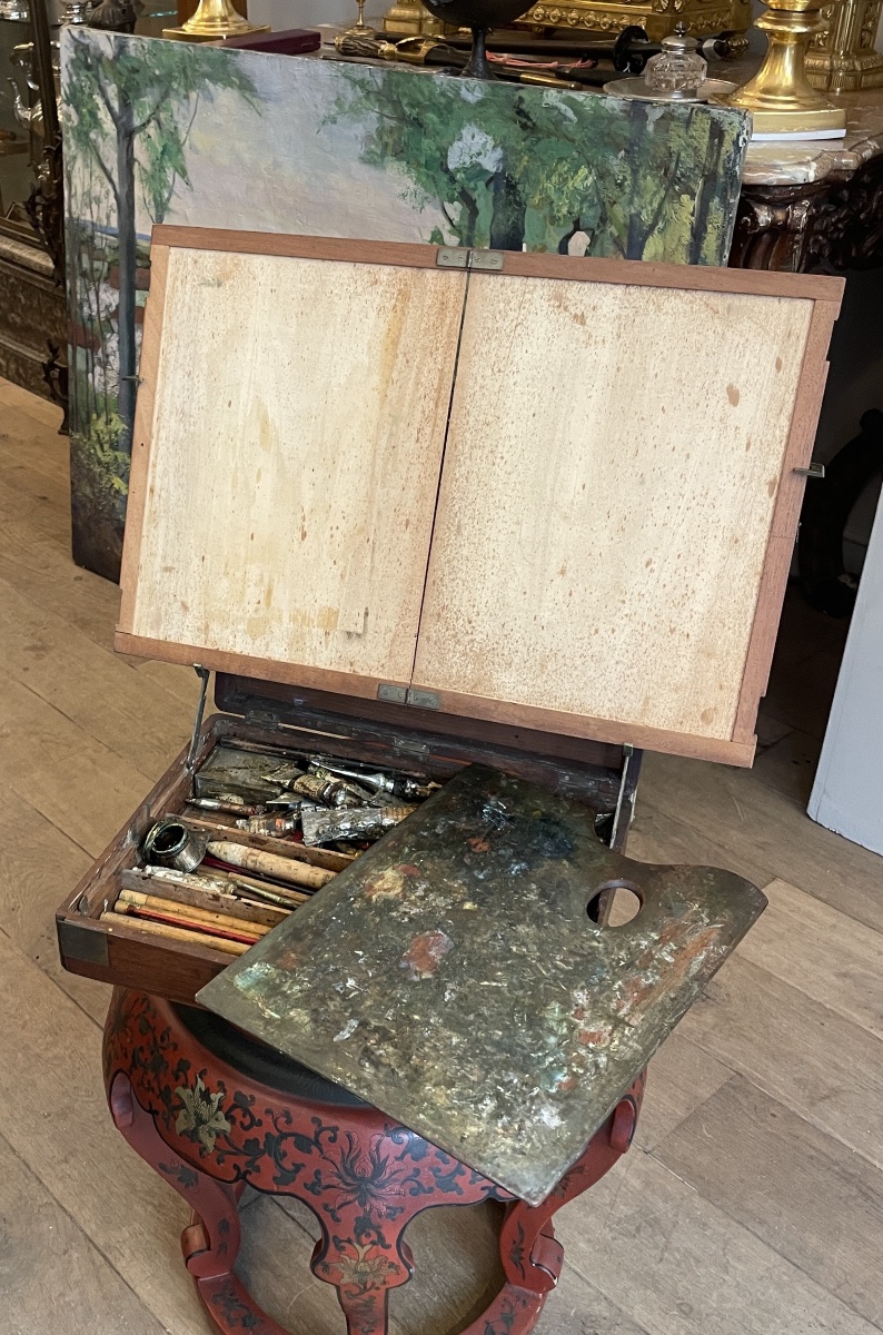 Coffret de peintre de voyage en acajou avec chevalet à crémaillère, palette et accessoires – XI-photo-4