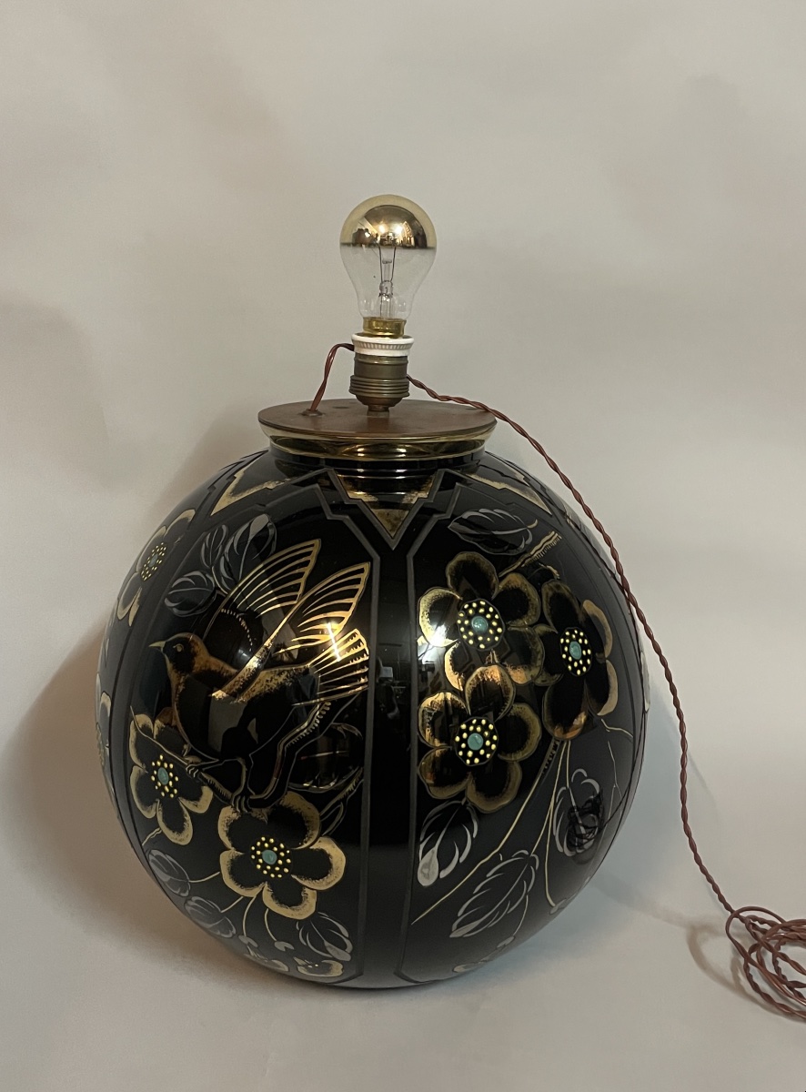 lampe Art Déco en verre noir gravé et doré, signée Scailmont – Belgique, vers 1930-photo-3