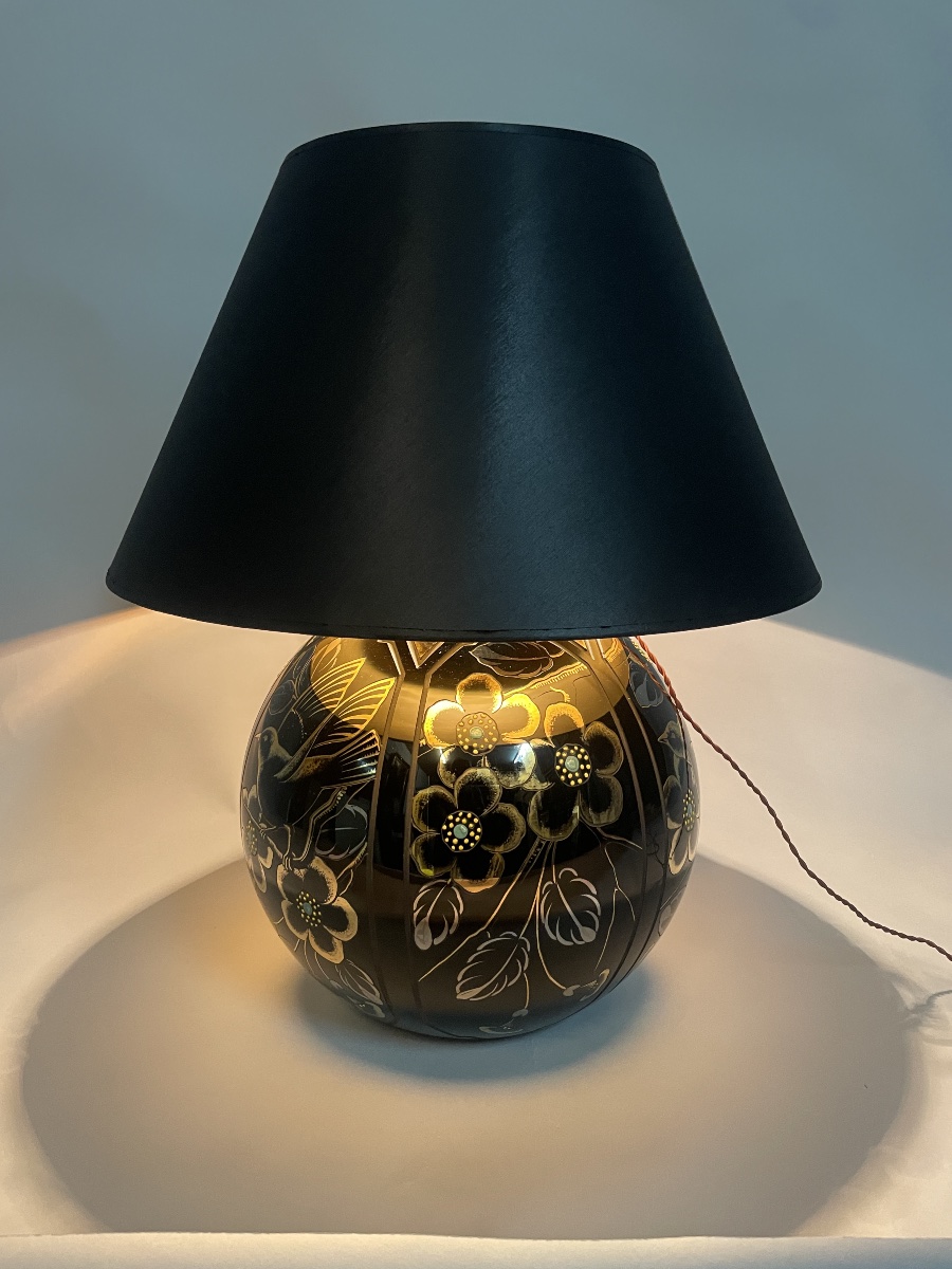 lampe Art Déco en verre noir gravé et doré, signée Scailmont – Belgique, vers 1930-photo-4