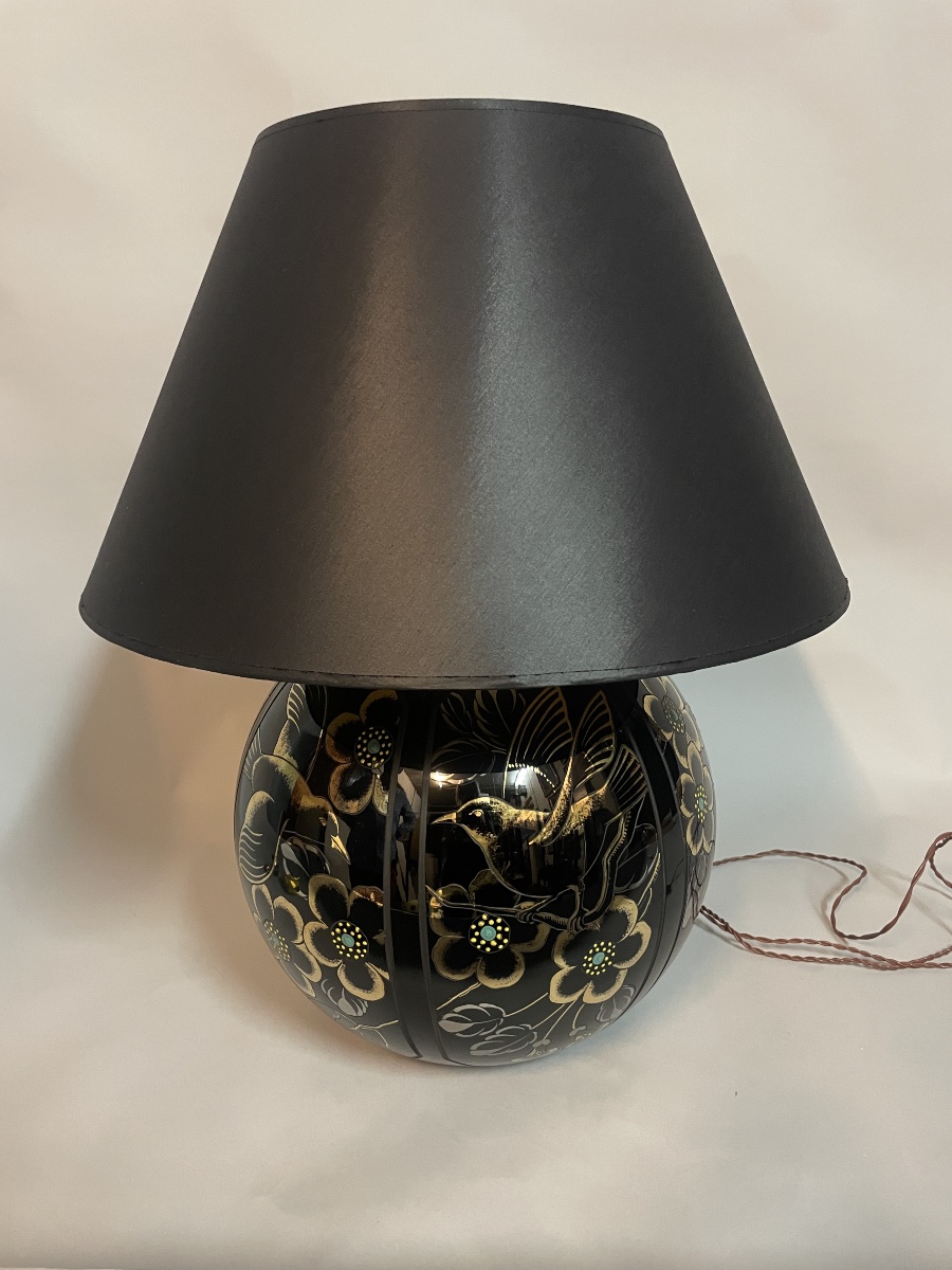 lampe Art Déco en verre noir gravé et doré, signée Scailmont – Belgique, vers 1930-photo-1
