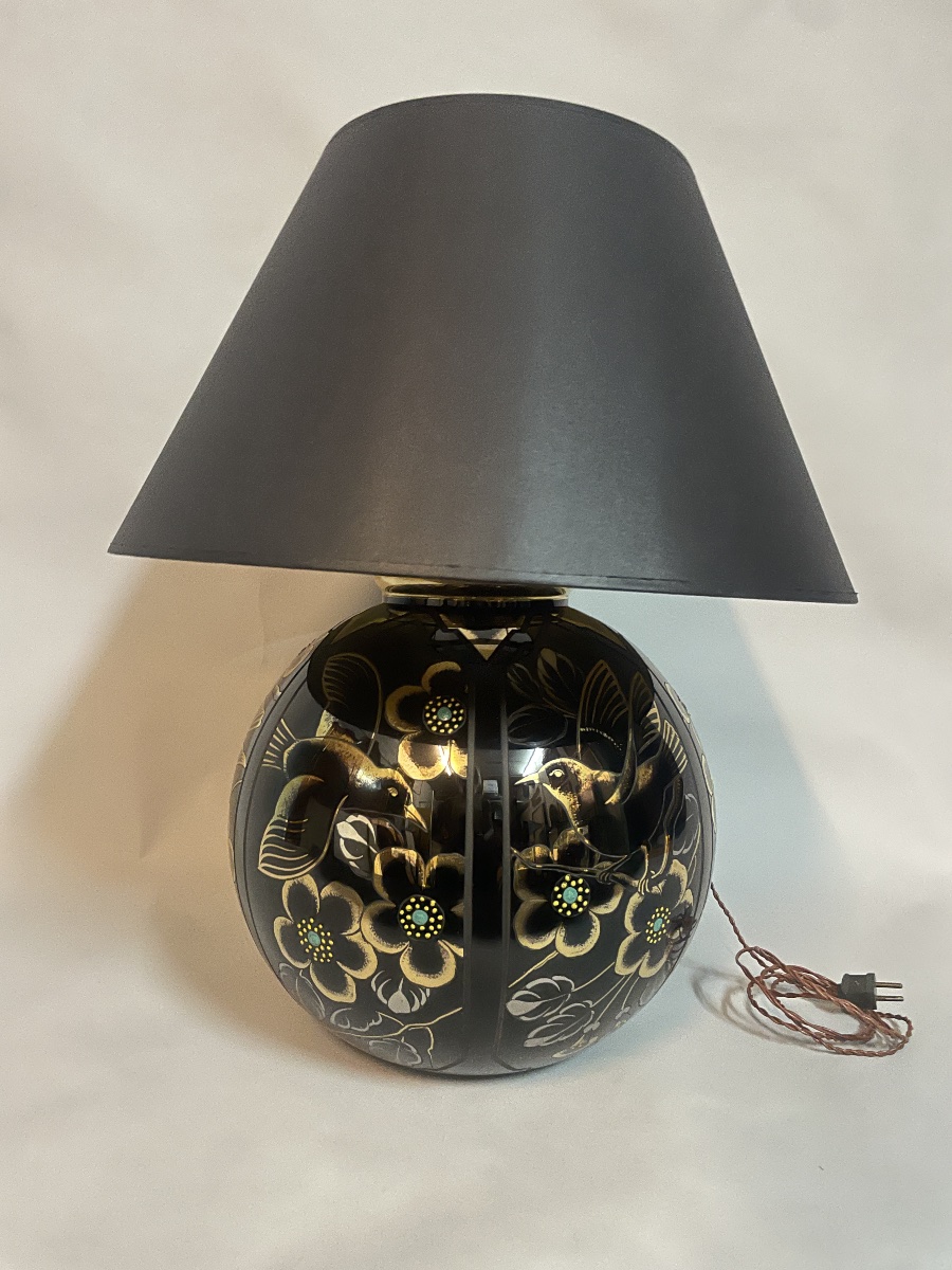 lampe Art Déco en verre noir gravé et doré, signée Scailmont – Belgique, vers 1930-photo-4