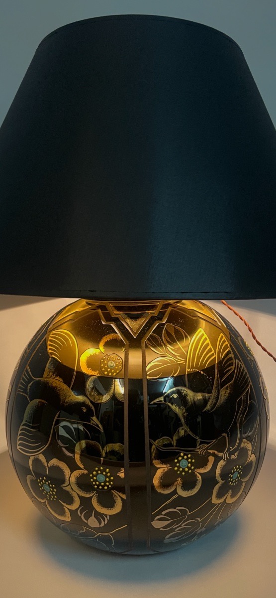 lampe Art Déco en verre noir gravé et doré, signée Scailmont – Belgique, vers 1930-photo-5