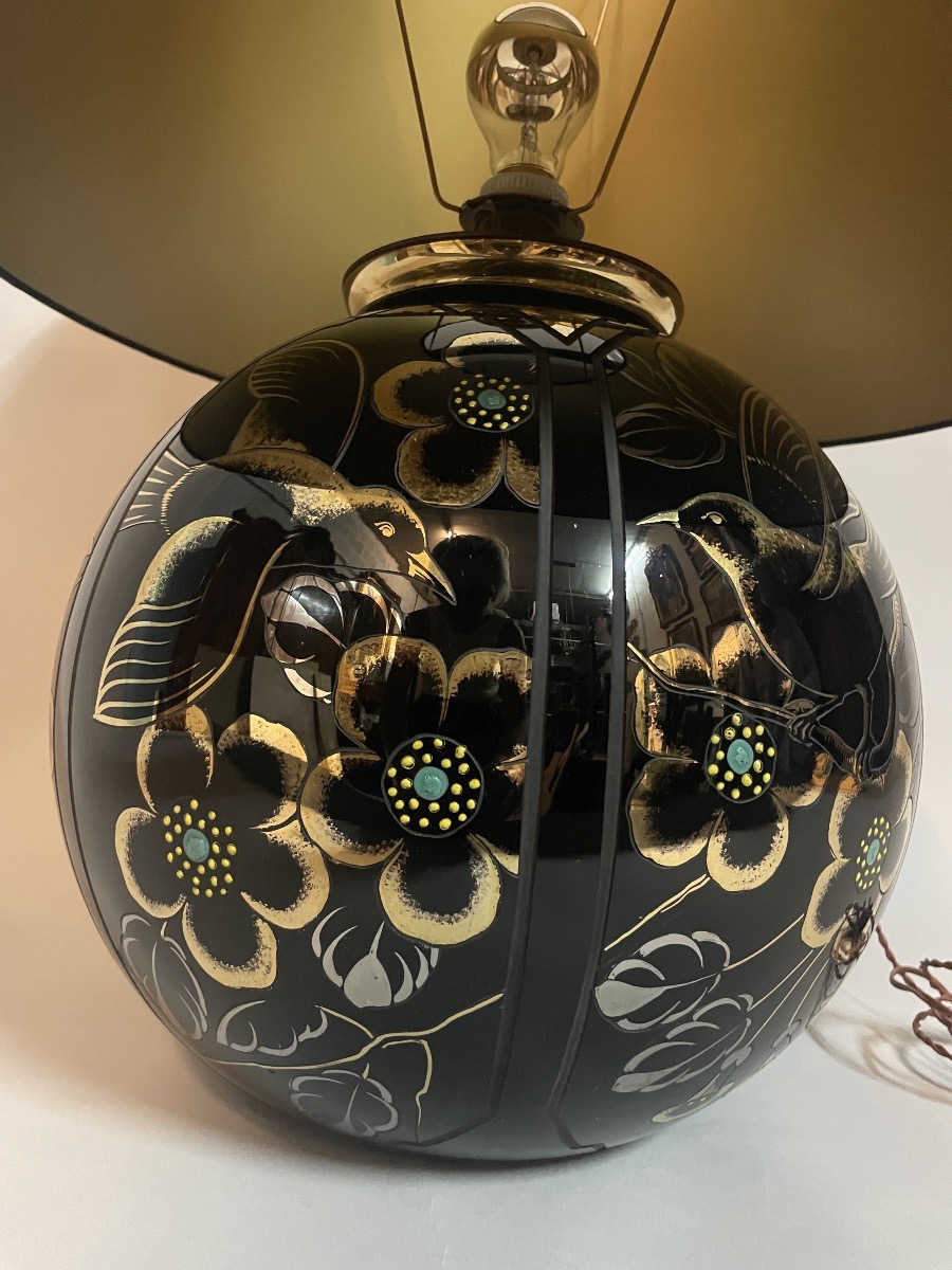 lampe Art Déco en verre noir gravé et doré, signée Scailmont – Belgique, vers 1930-photo-6