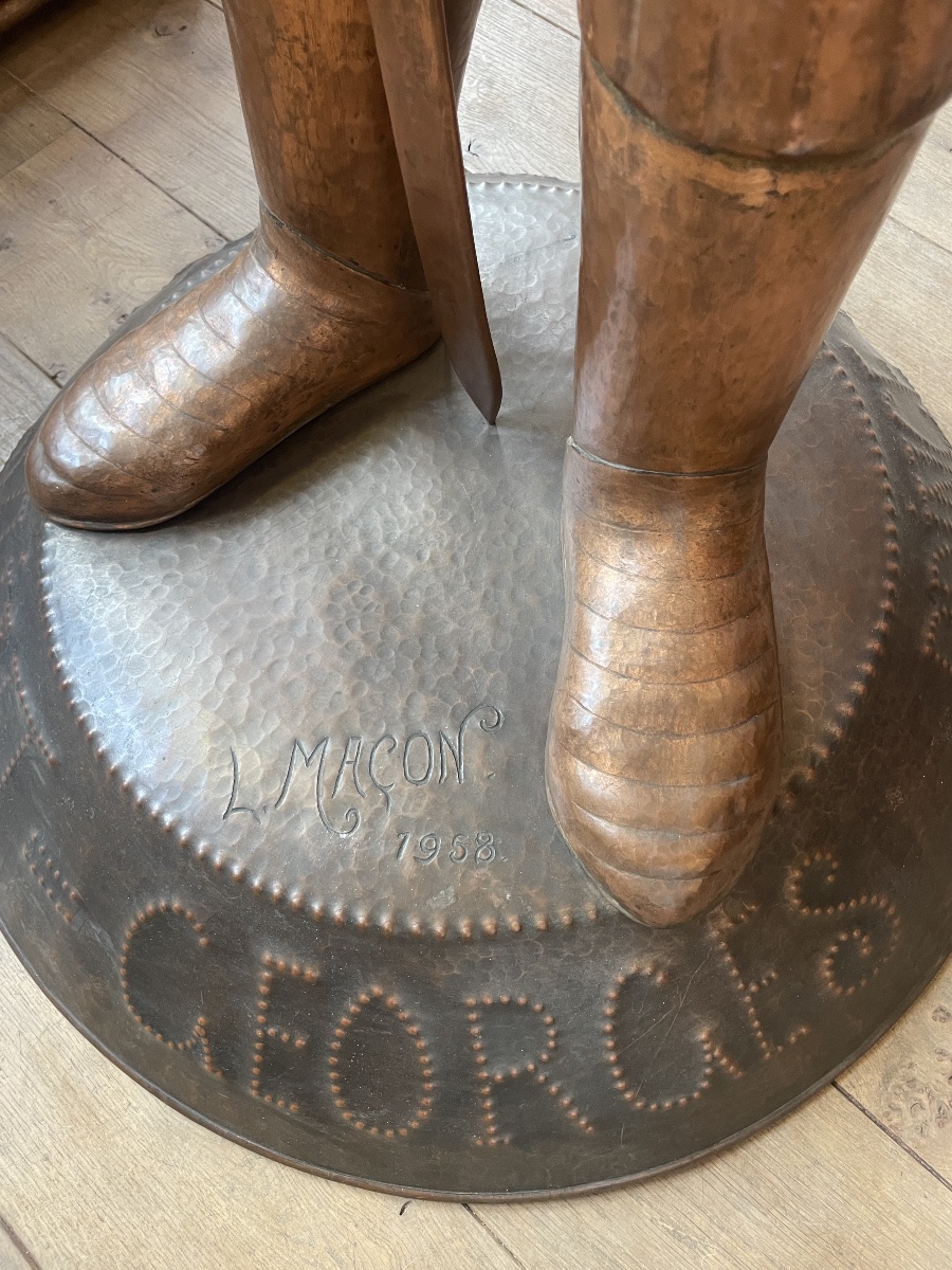 Monumental Sculpture Of Saint George In Repoussé Copper – Signed L. Macon, 1958-photo-3
