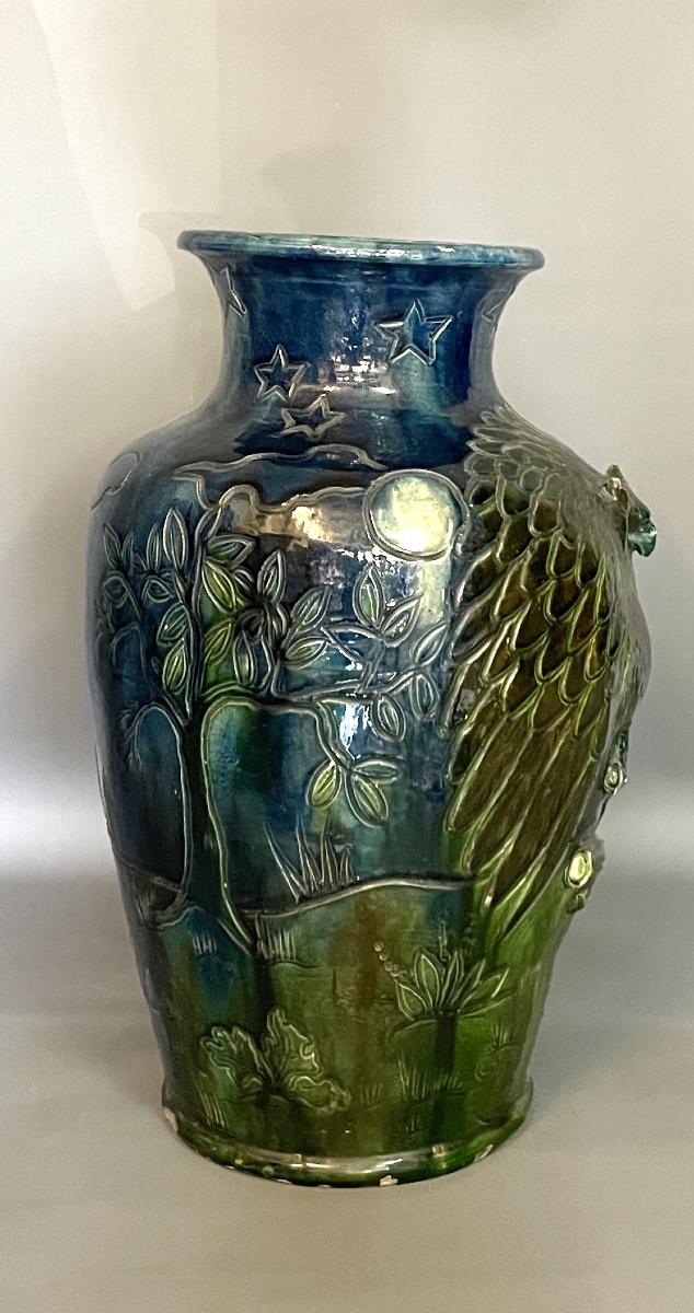 Art Nouveau Glazed Stoneware Vase With Owl Decoration – Bohemia (turn-teplitz), Circa 1900-photo-2