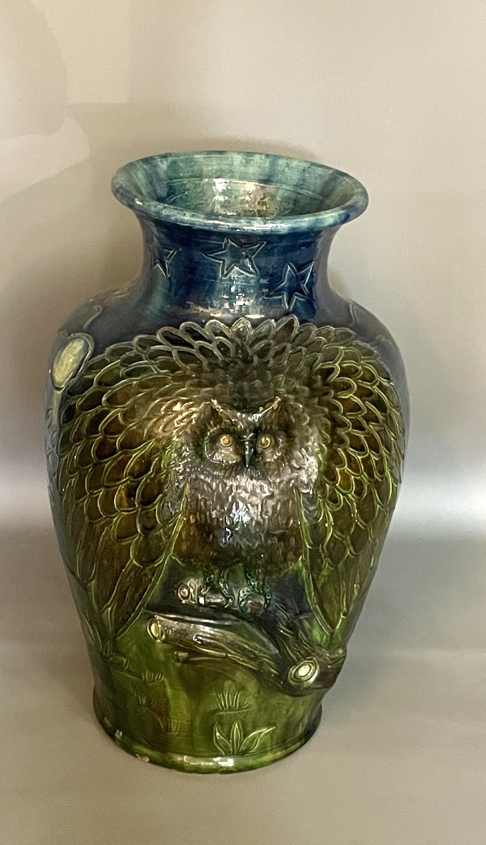 Art Nouveau Glazed Stoneware Vase With Owl Decoration – Bohemia (turn-teplitz), Circa 1900-photo-1