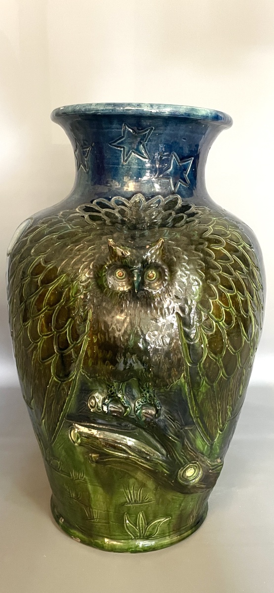 Art Nouveau Glazed Stoneware Vase With Owl Decoration – Bohemia (turn-teplitz), Circa 1900-photo-4