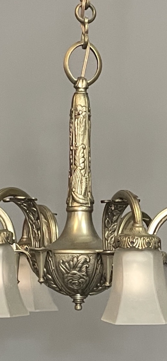Six-light Art Deco Chandelier In Silver-plated Bronze, Circa 1930 -photo-3