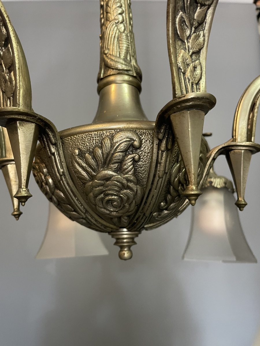 Six-light Art Deco Chandelier In Silver-plated Bronze, Circa 1930 -photo-4