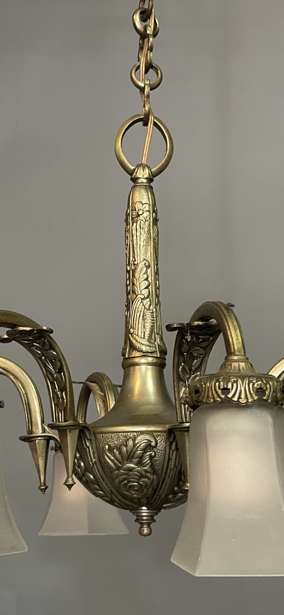 Six-light Art Deco Chandelier In Silver-plated Bronze, Circa 1930 -photo-1