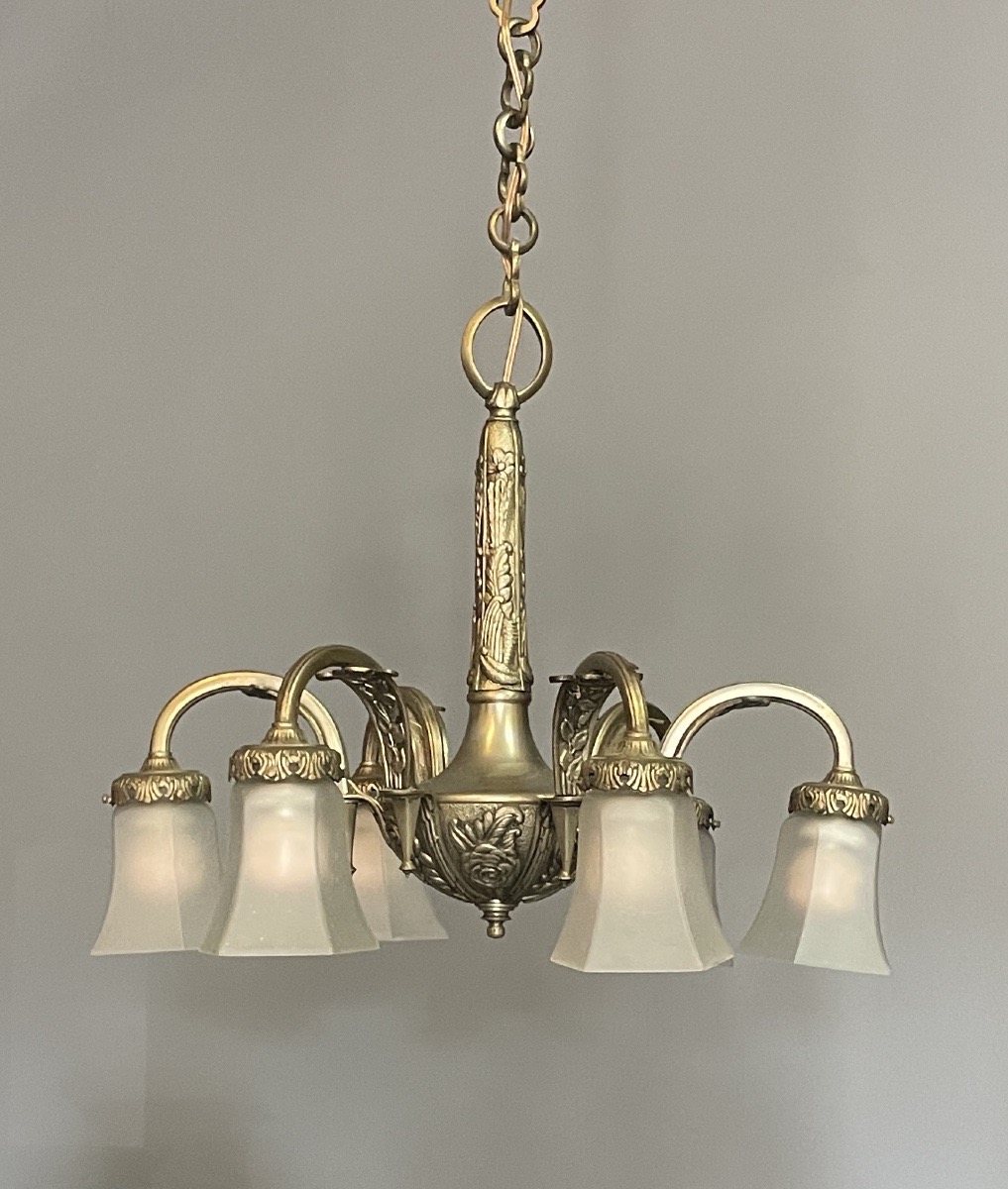 Six-light Art Deco Chandelier In Silver-plated Bronze, Circa 1930 -photo-2