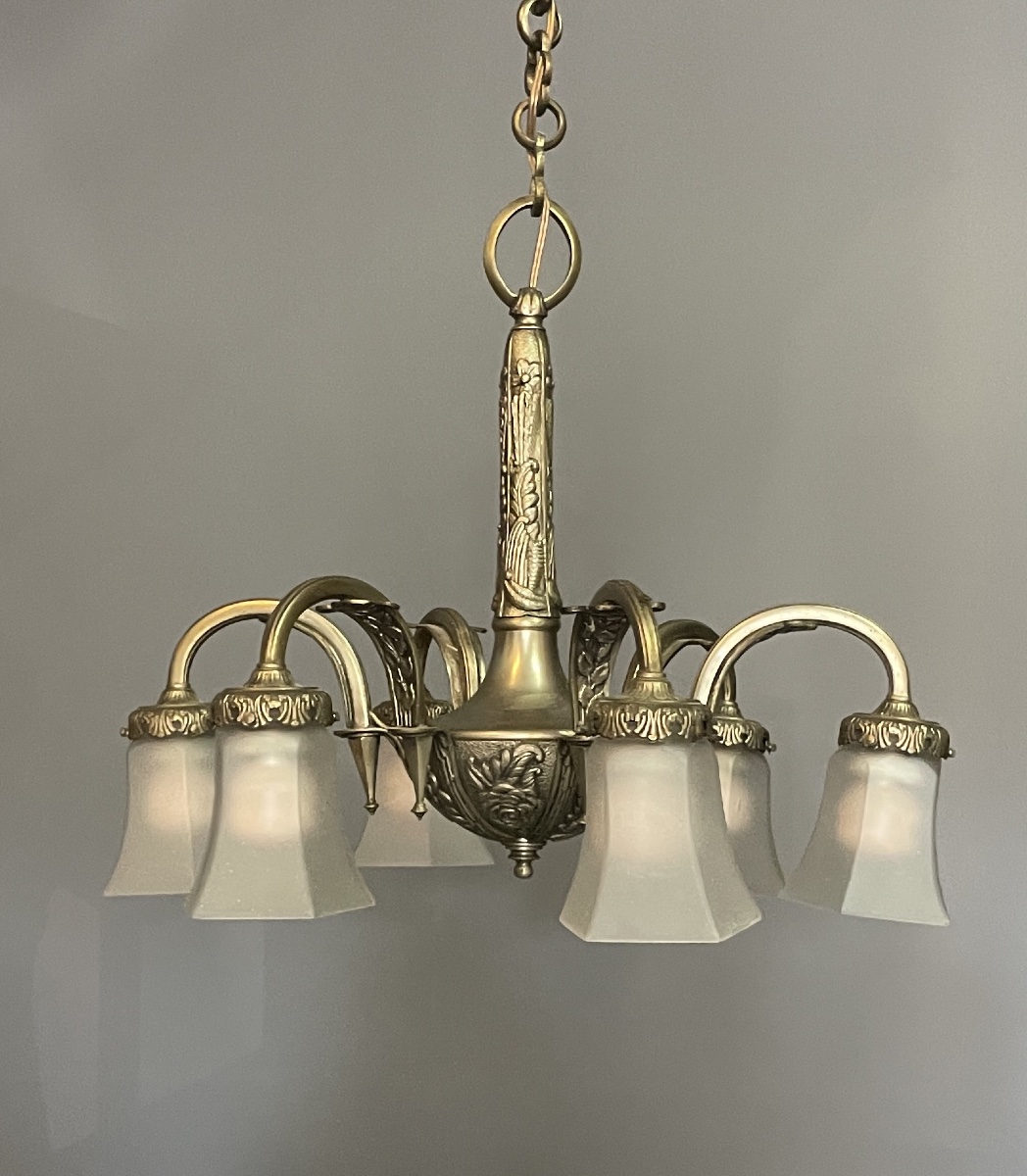 Six-light Art Deco Chandelier In Silver-plated Bronze, Circa 1930 