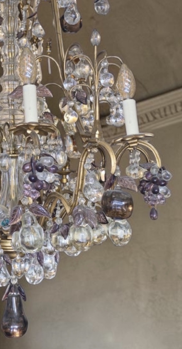 Lustre en bronze doré et cristal – Décor de poires, pommes et grappes-photo-2