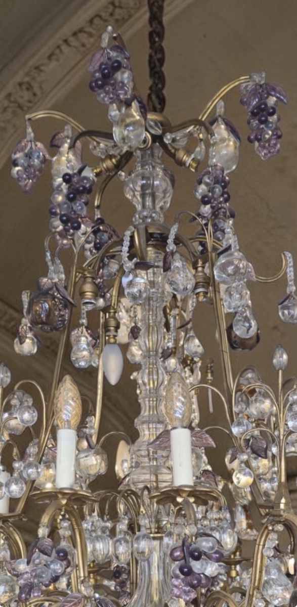 Lustre en bronze doré et cristal – Décor de poires, pommes et grappes-photo-3