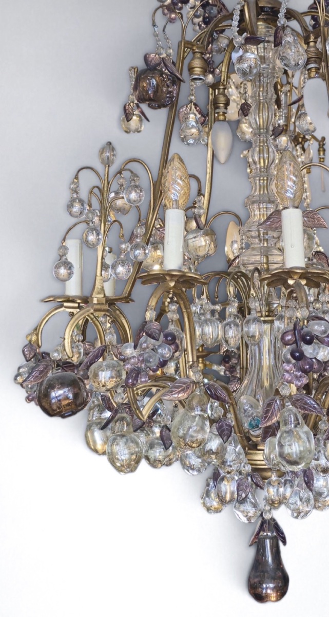 Lustre en bronze doré et cristal – Décor de poires, pommes et grappes-photo-4