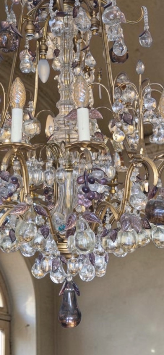 Lustre en bronze doré et cristal – Décor de poires, pommes et grappes-photo-1