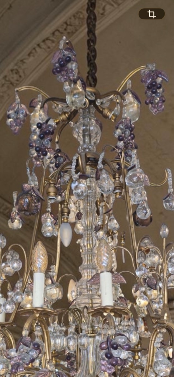 Lustre en bronze doré et cristal – Décor de poires, pommes et grappes-photo-3