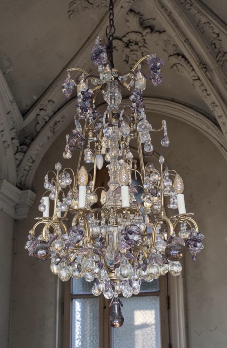 Lustre en bronze doré et cristal – Décor de poires, pommes et grappes-photo-4